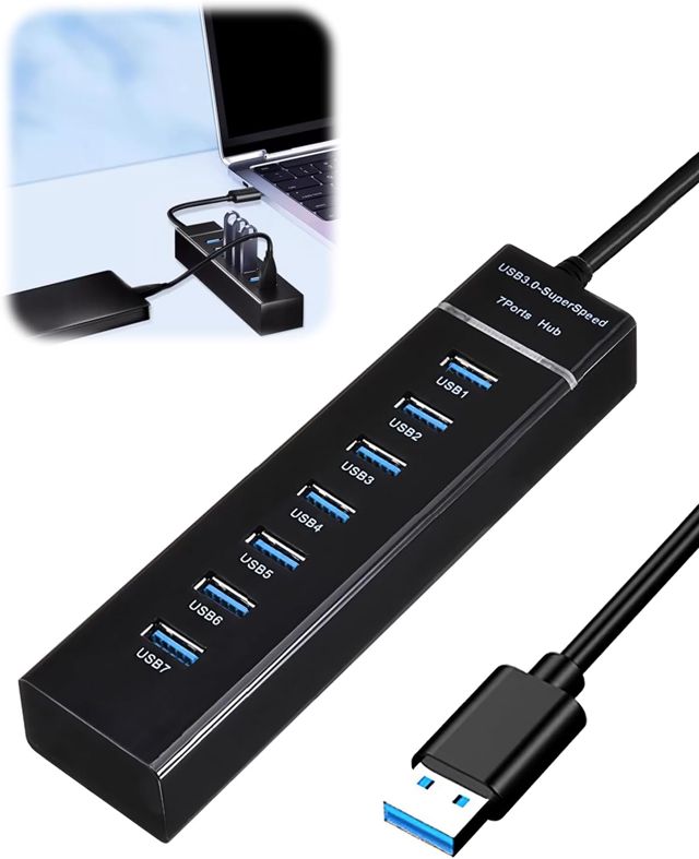 teasteam Hub USB 3.0 7Ports - Multiprise USB avec 1m Câble pour PC Bureau - Hub Alimenté - 5Gbps Transmission - Charge Rapide - Port USB-C Multiple pour Laptop MacBook Souris Clavier Disque U etc.