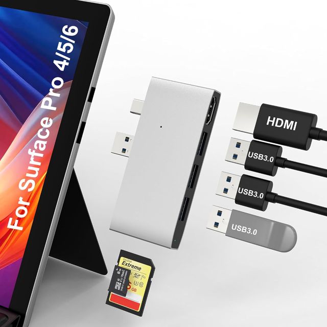 Station d'accueil Surface Pro 6/Pro 5/Pro 4 Hub USB - USB3.0 * 3 Surface Adaptateur de Moniteur Multiport pour Station avec HDMI 4K, Lecteur de Cartes SD/TF pour Surface Pro 6/5/4