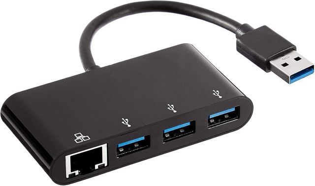 Amazon Basics Adaptateur 3 ports USB 3.0 avec port Ethernet gigabit RJ45 Noir, 3 USB A + 1 RJ45, pour Ordinateurs de bureau, Noir