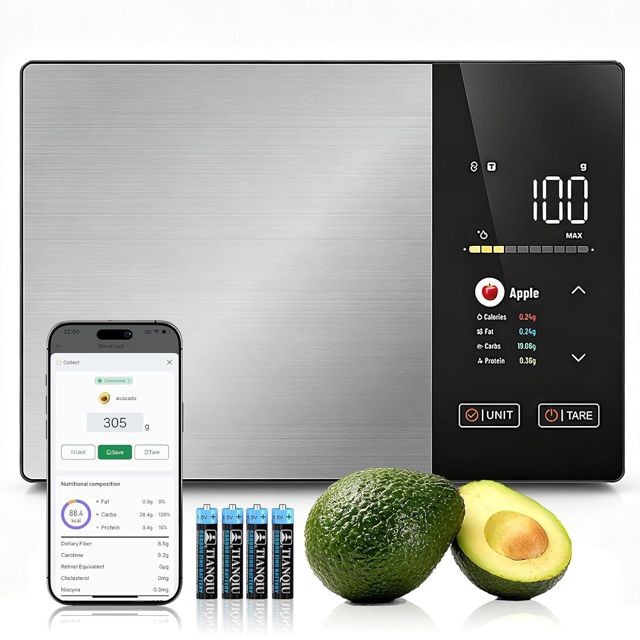 Professionnelle Balance Alimentaire Intelligente avec Calculatrice Nutritionnelle, Écran TFT, Suivi Nutritionnel, 5 KG, Acier Inoxydable, pour Une Cuisine Saine Perte de Poids Personnes Diabétiques