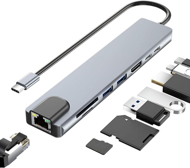 Adaptateur Ethernet USB C, 8-en-1 Hub USB-C vers RJ45 HDMI 4K@60Hz