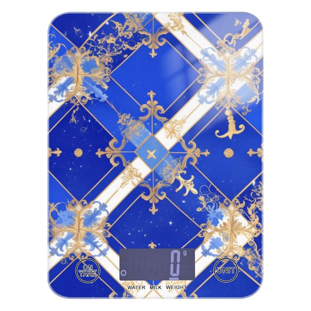 Balance de cuisine vintage avec 4 unités pour la préparation des repas, la cuisson et la cuisson (piles non incluses) - Bleu et doré - Motif fleurs vintage - 5 kg/5 g