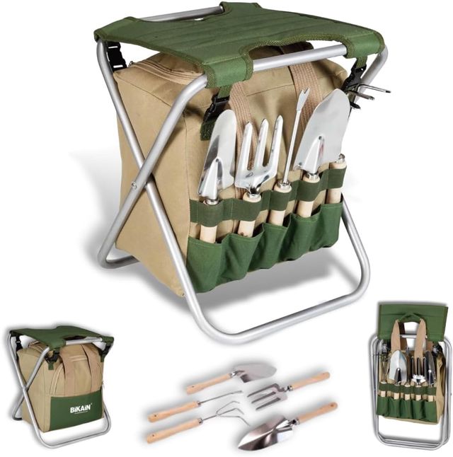 BIKAIN - Tabouret de Jardin Pliable - Ensemble d'outils - Sac de Rangement avec Fermeture éclair - Comprend 5 Outils avec télécommande en Bois, Marron
