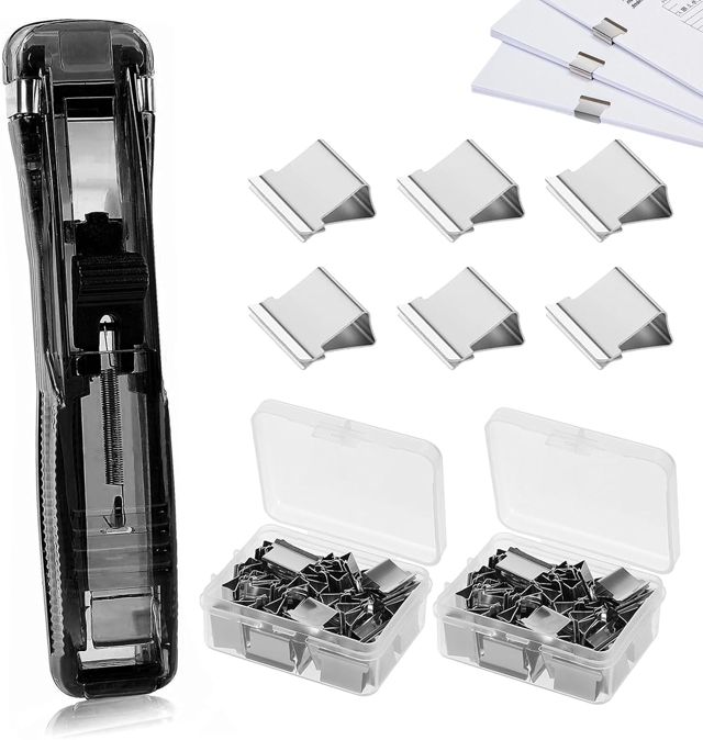Agrafeuse Sans Agrafe Réutilisable – Avec 100 Clips de Rechange – Pour Relier des Feuilles – Noire – Pour Bureau, École, Gestion de Câbles