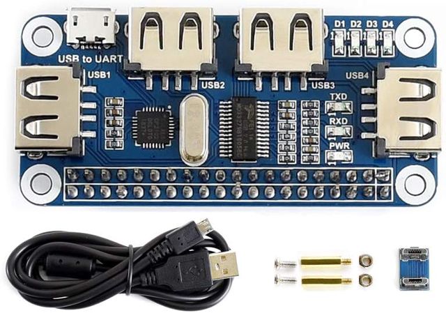 Waveshare 4 Port USB HUB Hubs Hat Compatible with USB2.0 1.1 for Raspberry Pi Zero/Zero W/4B/3B/3B+, Serial Debugging Onboard USB to UART