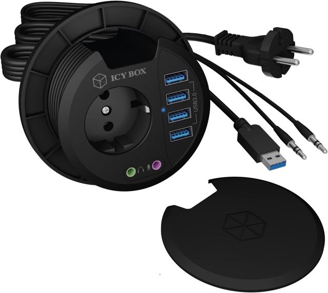 ICY Box USB hub de Table pour Installation 80 mm, hub USB 3.0, Prise de Courant, Audio, Prise de Table Ronde, Noir, IB-HUB1430