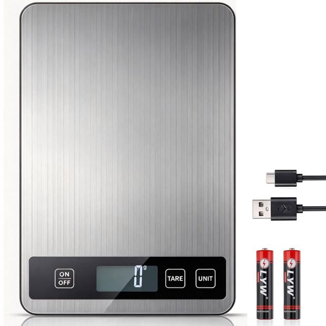 Flintronic Balance de Cuisine Numérique, Balance Pâtisserie à Recharge USB-C, Précision 15kg/1g, Acier Inoxydable, Facile à Nettoyer et Résistante aux Rayures, Fonction Tare, avec Piles, g/kg/lb/oz/ml
