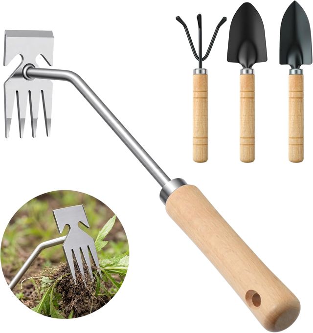 Flintronic Désherbeur Manuel à double tête en inox, et 3 pelles à désherber