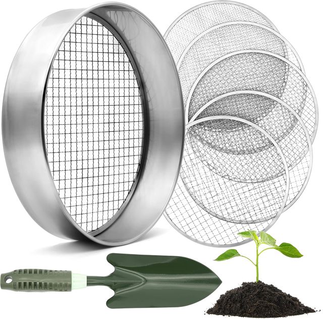 Tamis de jardin rond 30 cm avec 5 tamis interchangeables - tamis à compost en acier inoxydable pour la terre, le compost, les graines - pelle de jardin incluse