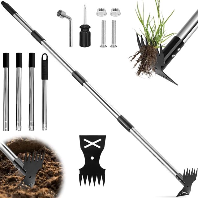 Extracteur Mauvaises Herbes avec Manche Long 148cm, Outil Désherbeur Manuel Râteau Désherbage & Houe de Jardin 2-en-1, Outils Jardinage Binette Robuste Mauvaises Déraciner pour Pelouse Cour Terrasse