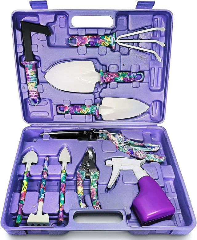 KAHEIGN 10Pcs Outils de Jardinage, Impression De Fleurs Violettes Outil à Main De Jardin Pelle à Manche Ergonomique Et Sécateur, Râteau, Pulvérisateur D'eau, Cadeaux De Jardinage Pour Femmes, Hommes