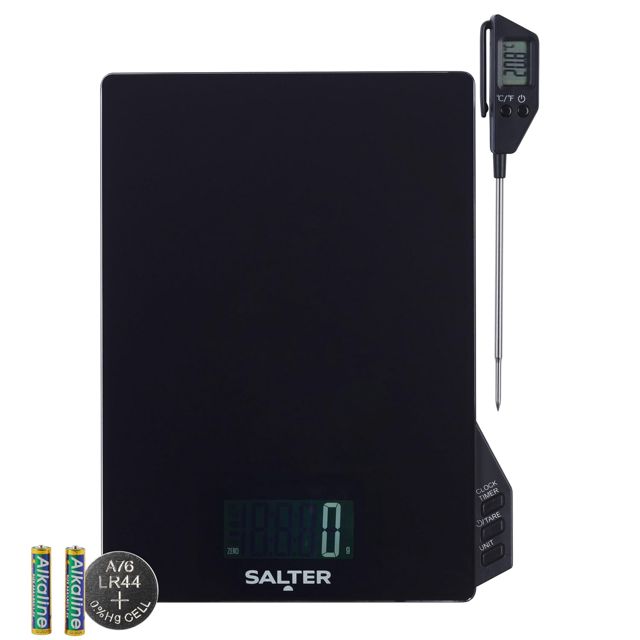 Salter Lot de Thermomètre et Balance de Cuisine – Minuterie et horloge intégrées, sonde de thermomètre détachable, Aquatronic pour mesurer les liquides, Celsius/Fahrenheit, mesure multiple