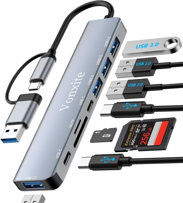 Hub USB 3.0,Hub USB C,8-en-2 Multiprise USB avec Port Usb 3.0/Lecture de Carte SD/TF/2 Ports Usb-C/3 Ports USb 2.0,5Gbps Haute Vitesse Compatible avec MacBook/Pro/Mini,iMac,Surface,XPS,PC,Dell,Windows