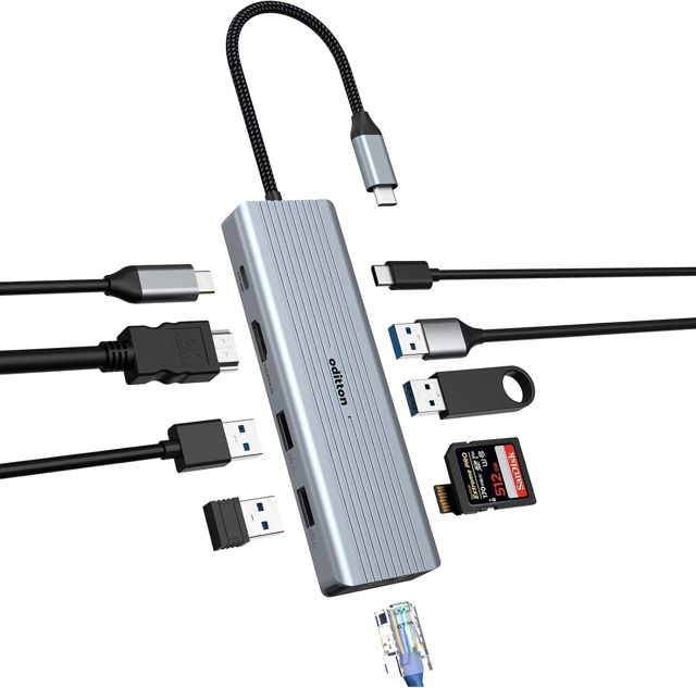 Hub USB C, oditton 10 en 1 Adaptateur USB C avec HDMI 4K, 2* USB-A 3.0, 2* USB-A 2.0, 5Gbps USB-C Port de Données, 100W PD, Ethernet, Parte SD/TF Station d'accueil pour MacBook, iMac, et Plus.