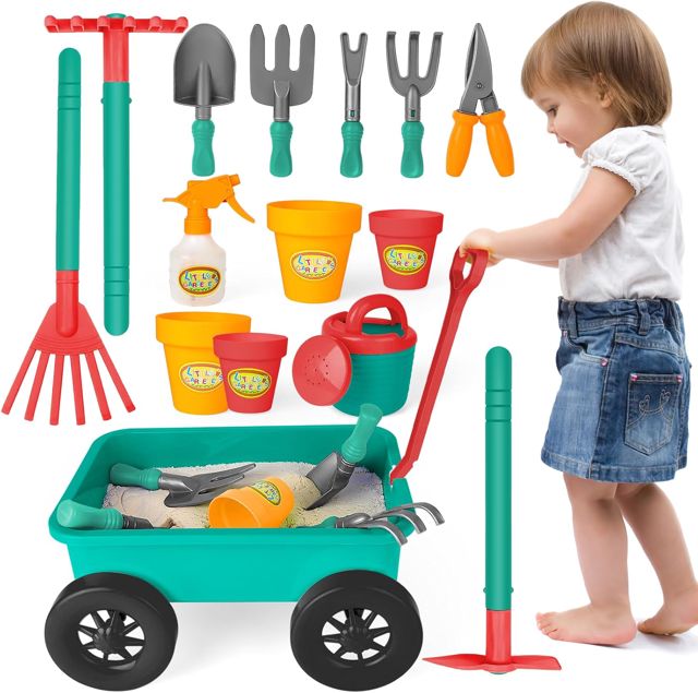 deAO Ensemble de Jardinage avec Brouette Enfants 15pcs 3+ Ans(Vert)